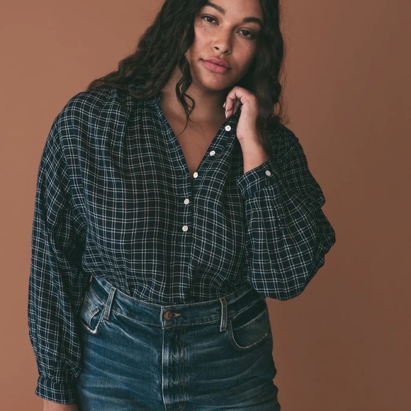Doen Holde Cotton Button Long Sleeve Bleu Cottage Plaid Gingham Blouse Top - Picture 1 of 12